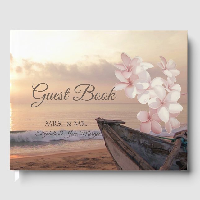 Sonnenuntergang Hochzeit am Strand, Plumeria Gästebuch (Vorderseite)