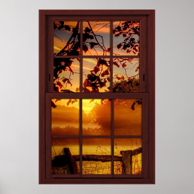 Sonnenuntergang im Herbst Imitat Kirschholzfenster Poster (Vorne)