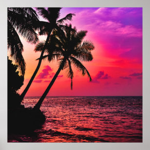 Sonnenuntergang im Ozean mit Palmen auf den Maledi Poster
