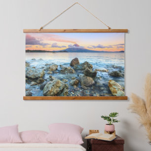 Sonnenuntergang im Ozean mit sanften Wellen und Vu Wandteppich Mit Holzrahmen