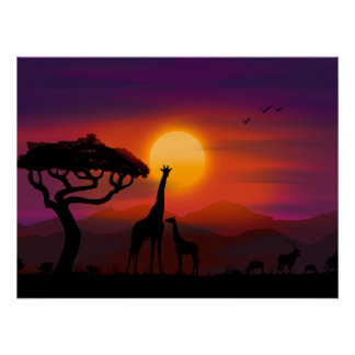 Sonnenuntergang in Afrika mit Tieren Poster