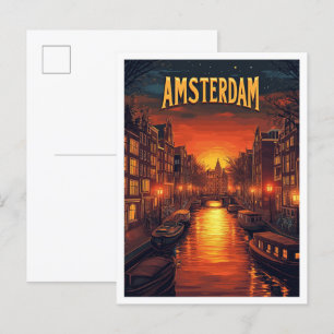 Sonnenuntergang in Amsterdam Niederlande Vintage R Postkarte