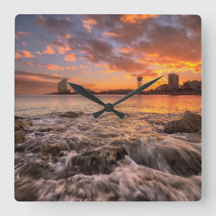 Sonnenuntergang in Barcelona Quadratische Wanduhr