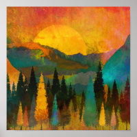 Sonnenuntergang in den Bergen - Buntes Aquarell