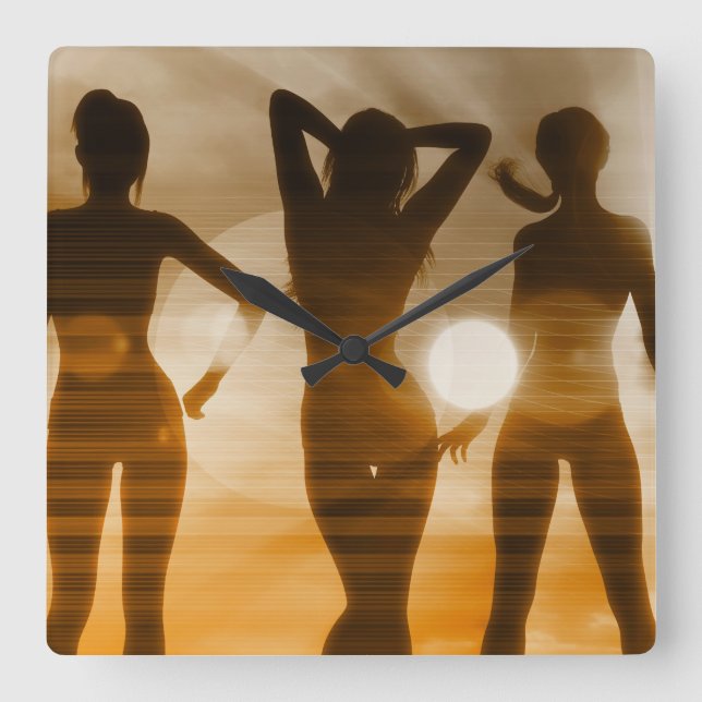 Sonnenuntergang in der Silhouette des Strandes Quadratische Wanduhr (Vorderseite)