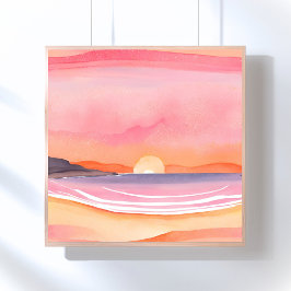Sonnenuntergang in Rosa | Wasserfarben Strand Himm Poster