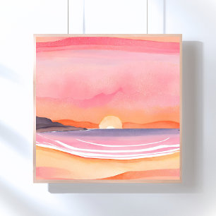 Sonnenuntergang in Rosa   Wasserfarben Strand Himm Poster