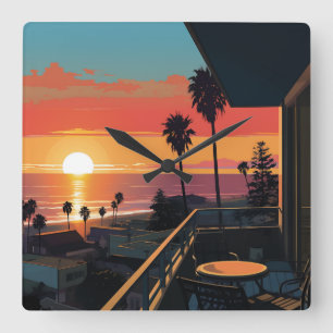 SONNENUNTERGANG IN SANTA MONICA #1 QUADRATISCHE WANDUHR