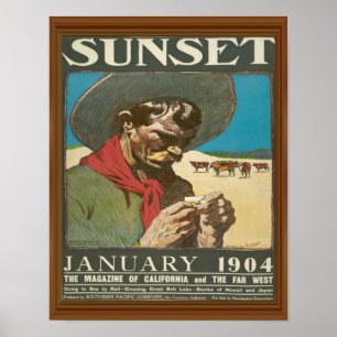 Sonnenuntergang Kalifornien Cowboy Vintage-Magazin Poster