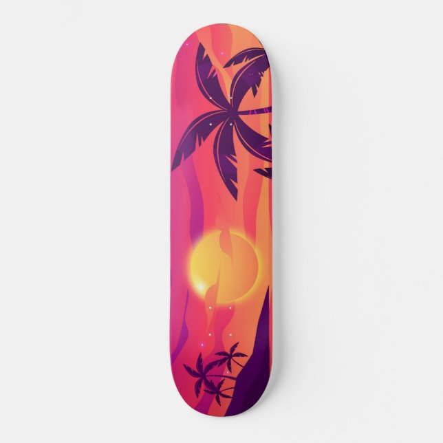 Sonnenuntergang Küstenpalmen Bäume Skateboard (Vorderseite)