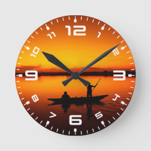 Sonnenuntergang Landschaft mit einem Boot-68465 Runde Wanduhr