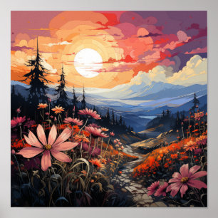 Sonnenuntergang: Lebhafte Wildblumen und Berge Poster