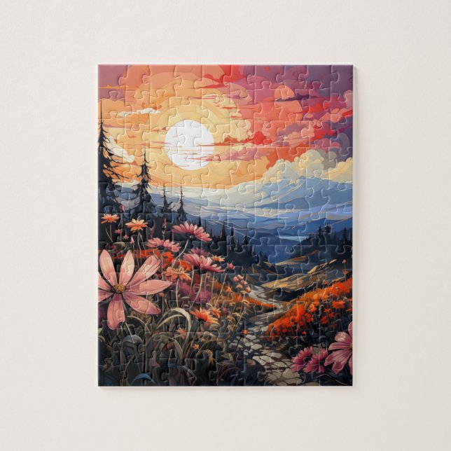 Sonnenuntergang: Lebhafte Wildblumen und Berge Puzzle (Vertikal)