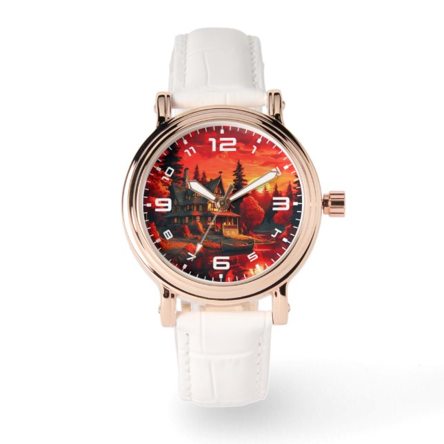 Sonnenuntergang Malerei mit Hütte und See-66633 Armbanduhr (Vorderseite)