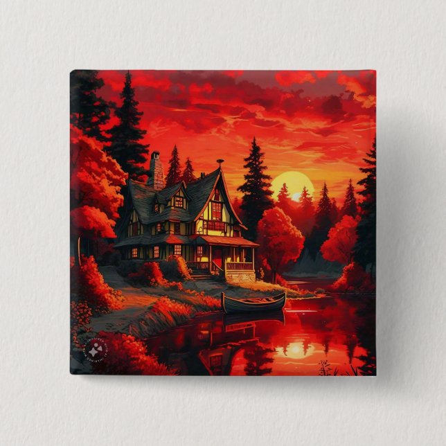 Sonnenuntergang Malerei mit Hütte und See-66633 Button (Vorderseite)