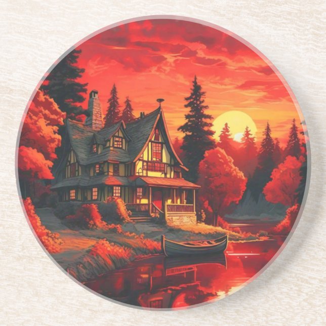 Sonnenuntergang Malerei mit Hütte und See-66633 Getränkeuntersetzer (Vorne)