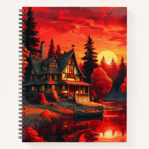 Sonnenuntergang Malerei mit Hütte und See-66633 Notizbuch