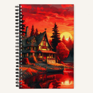 Sonnenuntergang Malerei mit Hütte und See-66633 Notizbuch