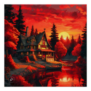 Sonnenuntergang Malerei mit Hütte und See-66633 Poster