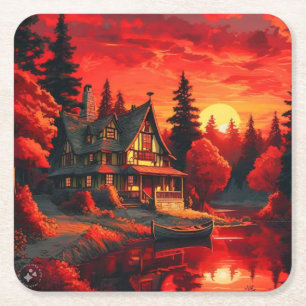 Sonnenuntergang Malerei mit Hütte und See-66633 Rechteckiger Pappuntersetzer