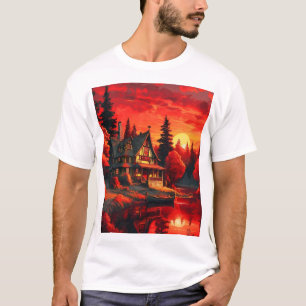Sonnenuntergang Malerei mit Hütte und See-66633 T-Shirt