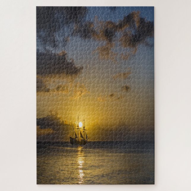 Sonnenuntergang, Meer, Boot Puzzle (Vertikal)