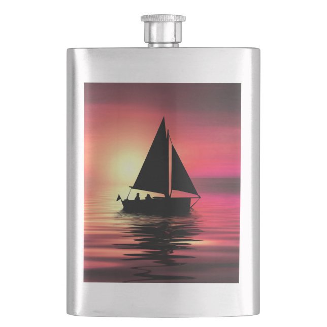 Sonnenuntergang, Meer, Segelboot Flachmann (Vorderseite)
