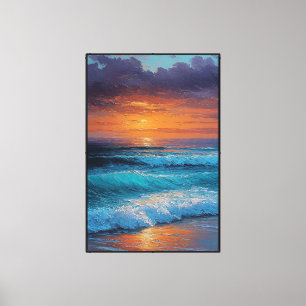 Sonnenuntergang Meereswellen mit violettem Himmel Leinwanddruck