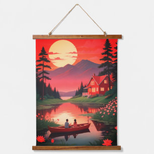 Sonnenuntergang mit A Boat im Lake 68678 Wandteppich Mit Holzrahmen