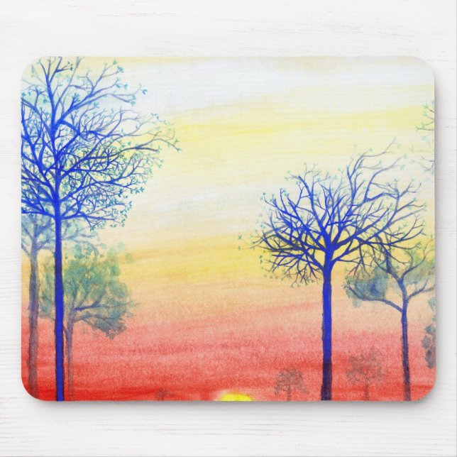 Sonnenuntergang mit blauen Bäumen Mousepad (Vorne)