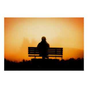 Sonnenuntergang mit Mann auf der Bank Poster