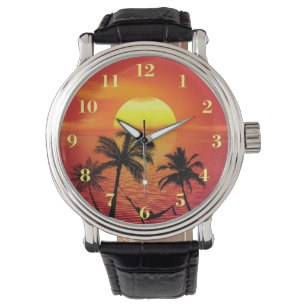 Sonnenuntergang mit Palmen und tropischen Stränden Armbanduhr