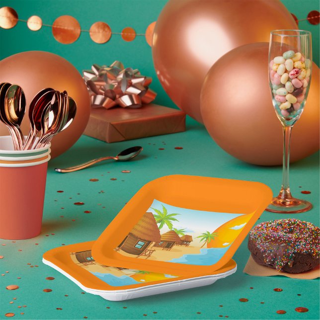 Sonnenuntergang mit Strohhütten Pappteller (Von Creator hochgeladen)