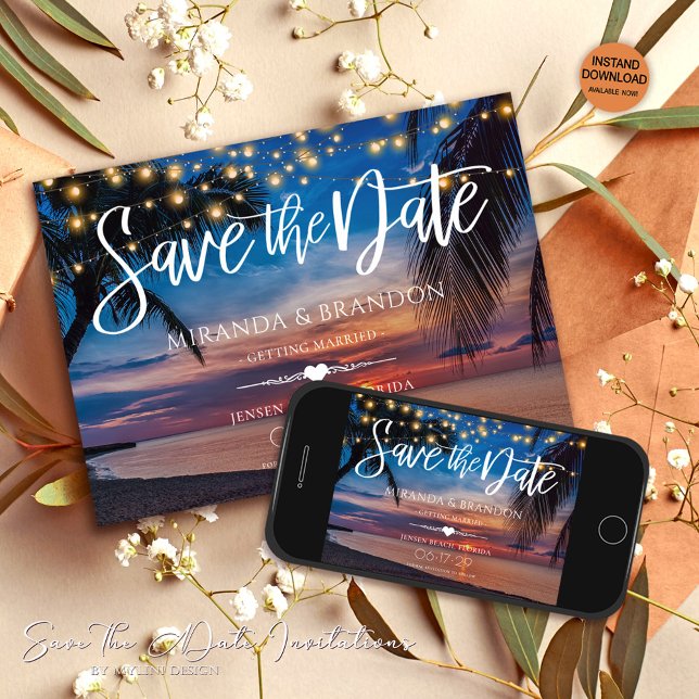Sonnenuntergang Palm String Lights Tropical Beach  Save The Date (Von Creator hochgeladen)