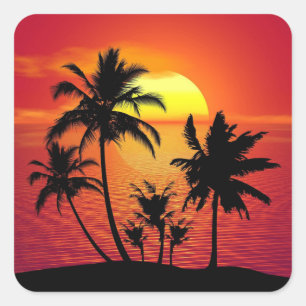 Sonnenuntergang Palmen Silhouette-16515 Quadratischer Aufkleber