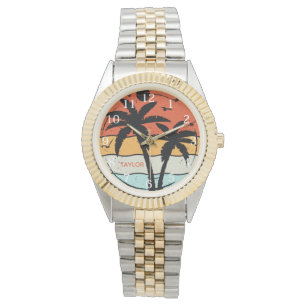 Sonnenuntergang Retro Vintage Strand Palmenbaum Armbanduhr