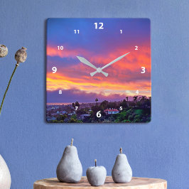 Sonnenuntergang rosa blaue Wolken Moderne Foto sch Quadratische Wanduhr