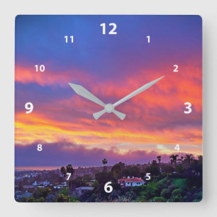 Sonnenuntergang rosa blaue Wolken Moderne Foto sch Quadratische Wanduhr