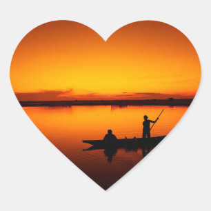 Sonnenuntergang, Ruderboot Silhouette-16497 Herz-Aufkleber