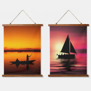 Sonnenuntergang, Ruderboot Silhouette-16497 Wandteppich Mit Holzrahmen