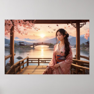 Sonnenuntergang Sakura Tree mit schöner asiatische Poster