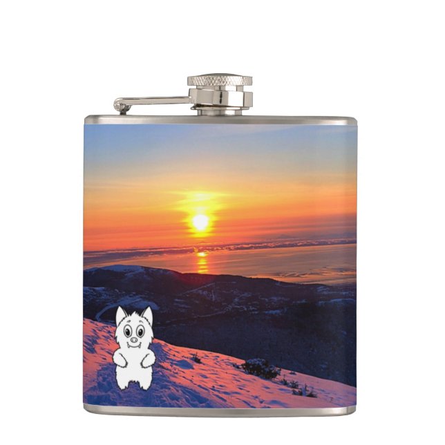 Sonnenuntergang-Schnee-Tier wiederholt Flasche Flachmann (Vorderseite)