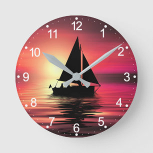 Sonnenuntergang, Segelboot im Meer-39186 Runde Wanduhr