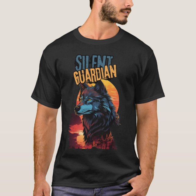 Sonnenuntergang Sentinel: Blauer Wolf in Naturglan T-Shirt (Vorderseite)