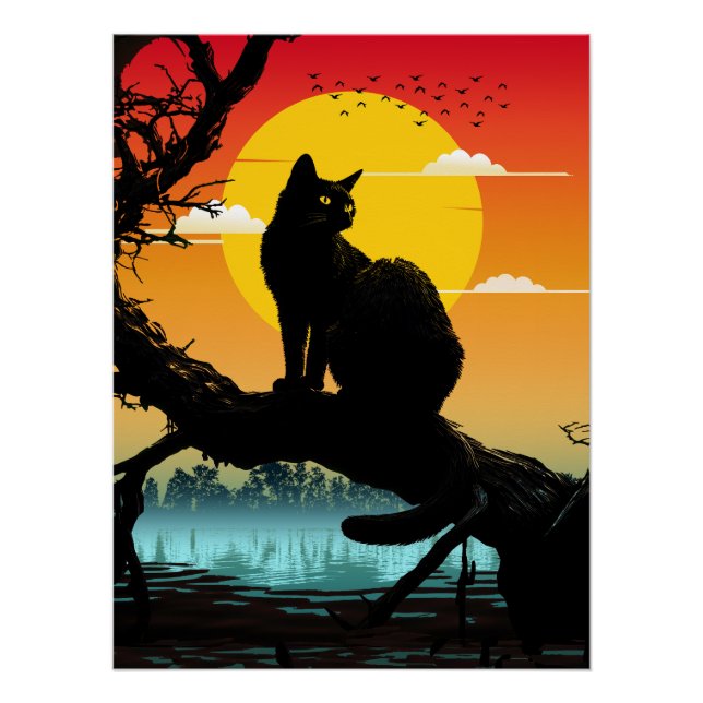 Sonnenuntergang Silhouette Katze und Baum Poster (Vorderseite)