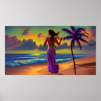 Sonnenuntergang Strand Blau Meer fließende lila So Poster