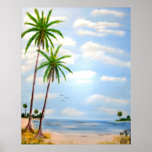 Sonnenuntergang, Strand, Leuchtturm, Palmen, tropi Poster