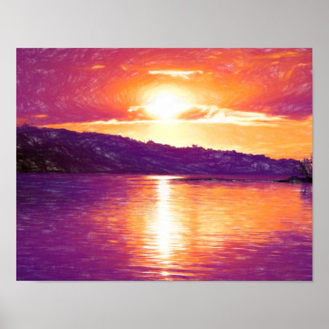 Sonnenuntergang Strand Orange Lila Kunst Poster (Vorne)