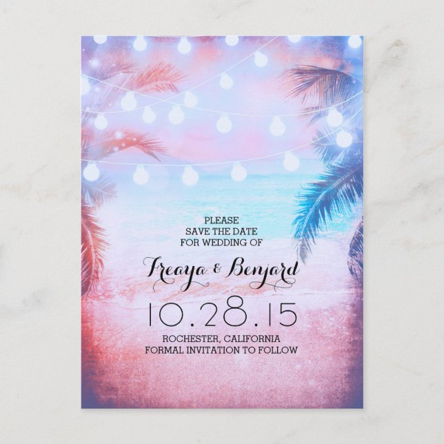 Sonnenuntergang Strand & Strandlichter Save the Da Ankündigungspostkarte (Vorderseite)