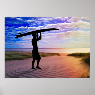 Sonnenuntergang-Surfer-Sand und Wolken Poster